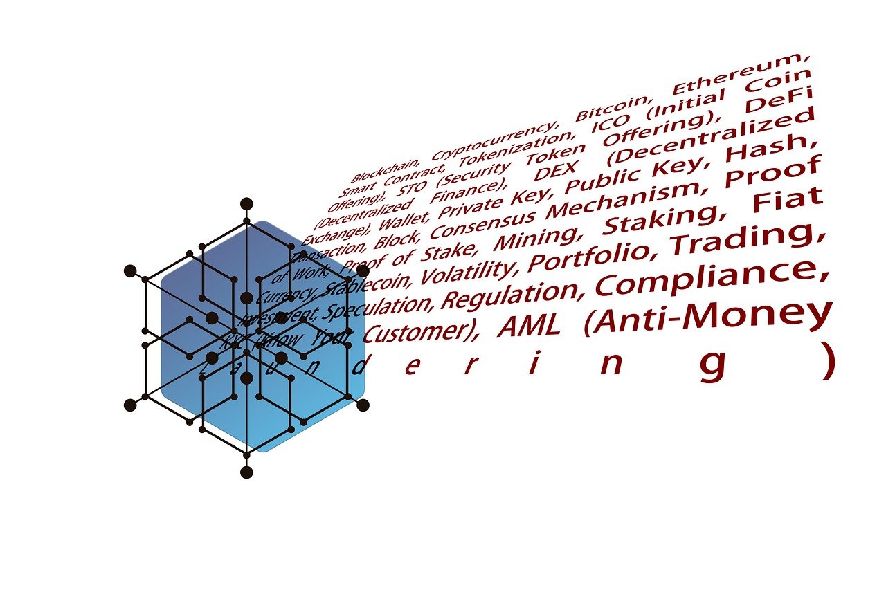Blockchain network graphic with cryptocurrency, DeFi, trading, AML, regulation, and compliance terms