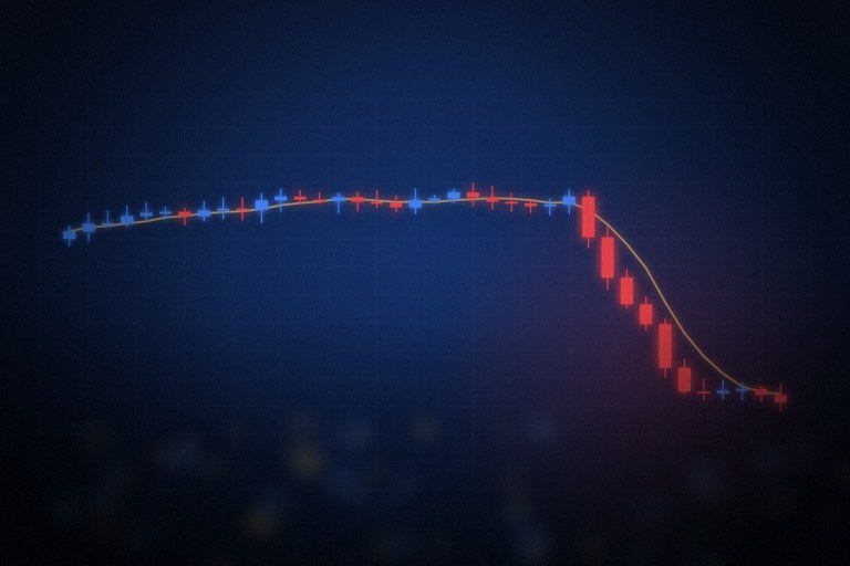 Abstract candlestick chart on a dark navy background showing a sharp red price drop, representing the risk of high-leverage perpetual futures