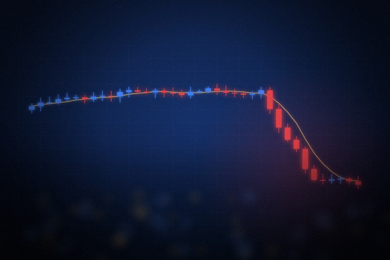 Abstract candlestick chart on a dark navy background showing a sharp red price drop, representing the risk of high-leverage perpetual futures