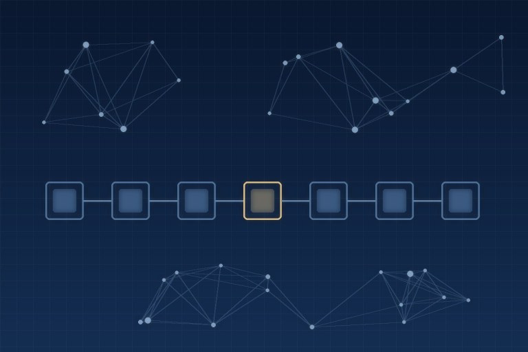 Abstract illustration of a distributed ledger chain linking network nodes, representing Korea's token securities rules